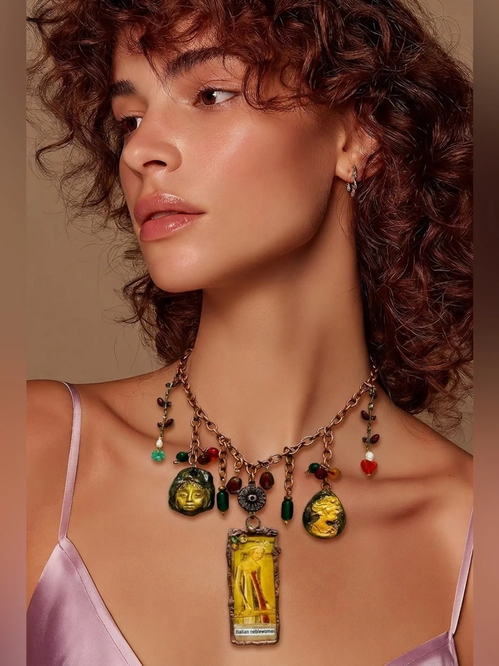 Italian Noblewoman Tiny Art Canvas Necklace | Glass, Clay Cameos & Copper - Picture 1 of 15